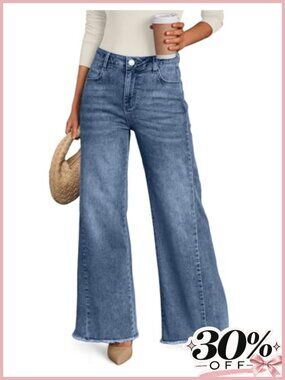 Wide Leg Jeans Relaxed Loose Raw Hem Mid Rise Stretch Denim